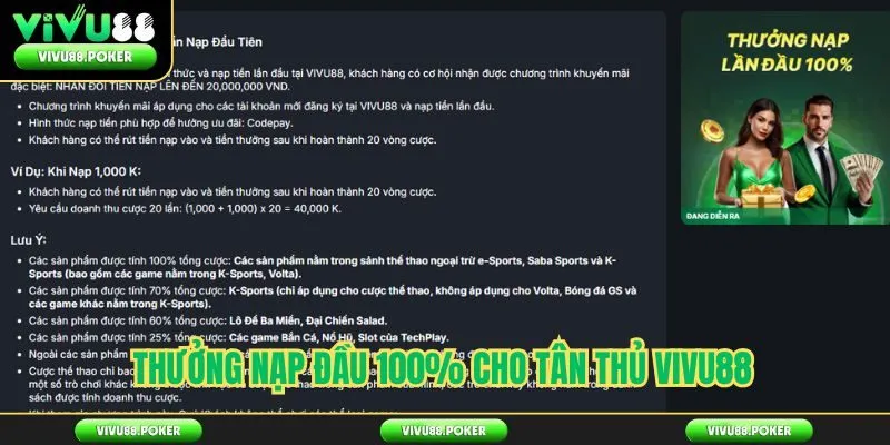 Thưởng nạp đầu 100% cho tân thủ VIVU88